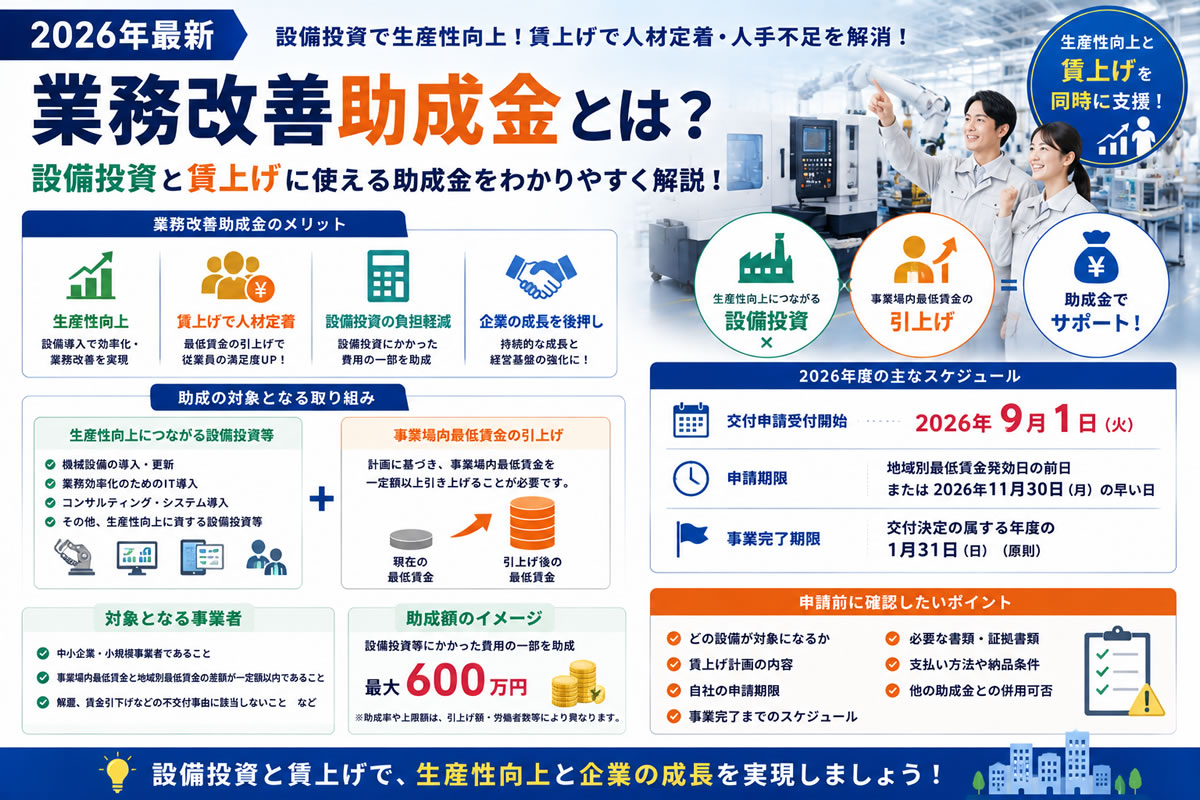 【2026年最新】業務改善助成金とは？設備投資と賃上げに使える助成金をわかりやすく解説