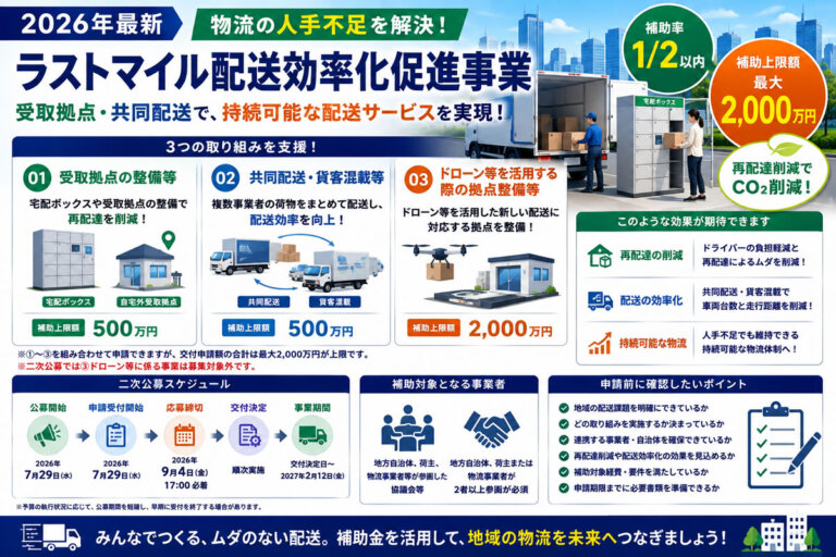 【2026年最新】ラストマイル配送効率化促進事業とは？宅配ボックス・共同配送に最大2,000万円