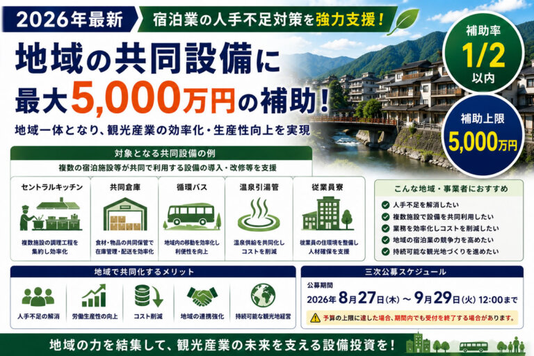 【2026年最新】観光地の共同設備に最大5,000万円！宿泊業の人手不足対策を支援