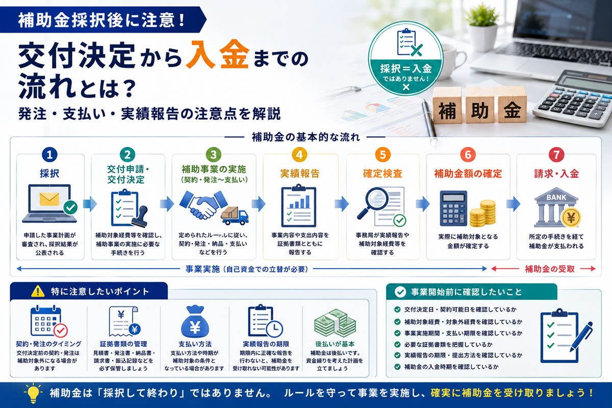 【補助金採択後に注意】交付決定から入金までの流れとは？発注・支払い・実績報告の注意点を解説