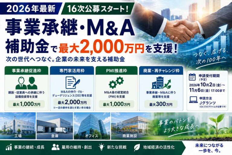 【2026年最新】事業承継・M&A補助金「16次公募」開始！最大2,000万円を支援