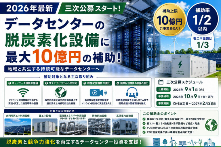 【2026年最新】データセンターの脱炭素設備に最大10億円！環境省補助金「三次公募」を解説